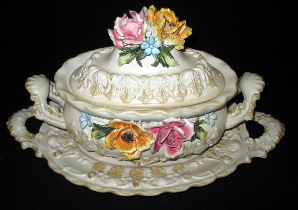 Capodimonte Tureen with Under Plate: Capodimonte tureen with plate is marked "Made in Italy" and has a black "Crown N" mark on the tureen and plate. Plate 18" x 10", tureen 13.5" x 9.5". No chips on flowers!