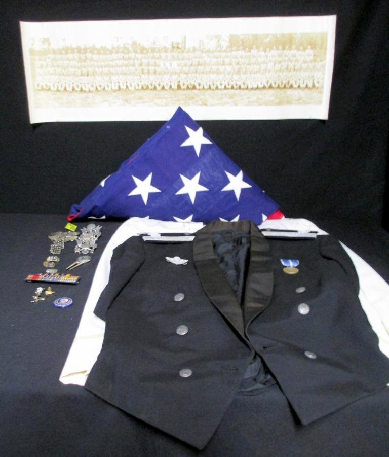Military Lot: Military Lot New US flag, summer and winter Air Force Mess Dress with rank and other insignias. Also pins, etc.