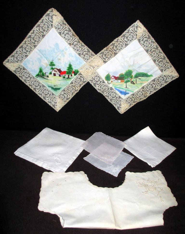 Handkerchief Lot: Handkerchief Lot including 12 pink embroidered 5.5" square; 12 white embroidered 5.5" square; 9 men's white cotton monogrammed 15" x 16.75"; 4 white men's white cotton 13" square; 2 hand painted, sign