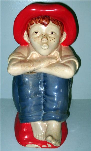 WHISTLING BOY COOKIE JAR: Whistling Boy Cookie Jar, Colorful Seated Boy W/ Freckles, Unmarked, Base Edge Embossed "Blessings On Thee Barefoot Boy", Paint Flakes Around Base, 12.5"T.