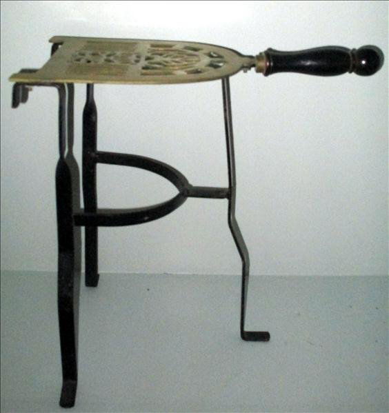 FIREPLACE TRIVET: Fireplace Trivet, Black Metal, Bras W/ Turned Wood Handle, 11.5"L x 14"T.