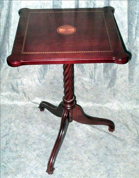 TILT TOP MARQUETRY TABLE WITH BANDING: Tilt Top Marquetry Table With Banding, w/Turret Corners, Spiral Standard, 3 Outswept Legs, 14.5"Sq. x 28"T Tilted. Marked Bombay.