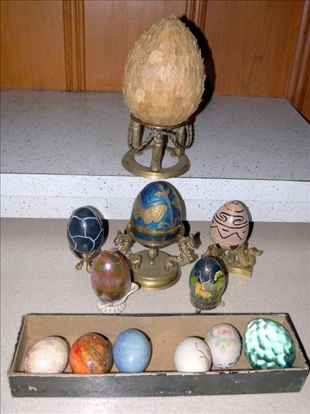 EGG COLLECTION: Egg Collection, In Various Materials Including Marble, Glass, Ceramic And Fiker, Ranging From 2.25"To 6"Tall, w/6 Stands.