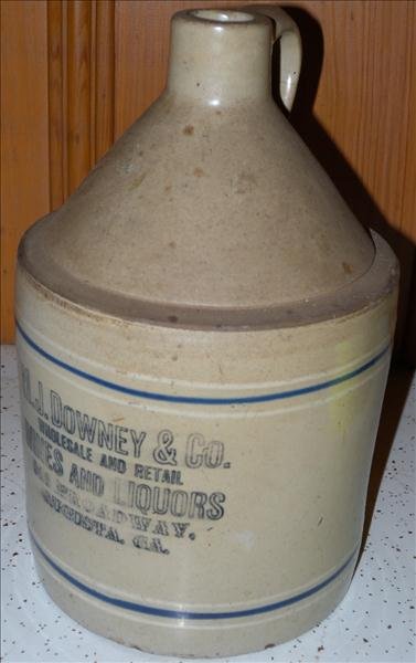 ADVERTISING CROCK: Advertising Crock, One Handle, Blue And White Stripes, Stamped M. J. Downey & Co., Augusta, Ga, 11"T.