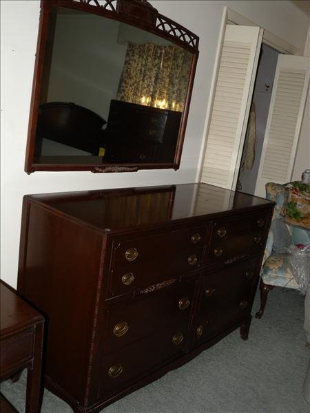THOMASVILLE DRESSER AND MIRROR: Thomasville Dresser And Mirror, Mahogany, Traditional Double Dresser, 53" x 21" x 36"T. Mirror w/Decorative Piercing, 46"W x 38"L.