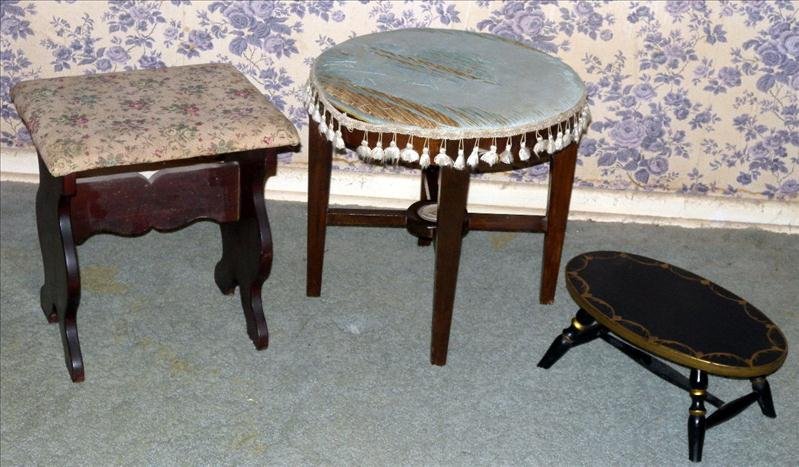 LOT OF THREE STOOLS: Lot Of Three Stools, Including: Trestle Style, Stenciled Oval And A Round Mahogany (18"D x 7"T) Needing Upholstering.