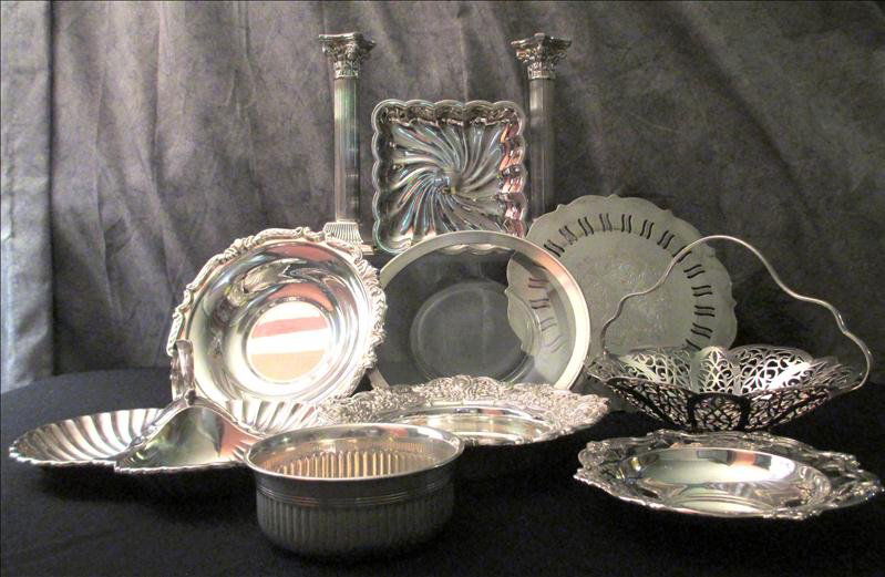 SILVERPLATE MISCELLANEOUS LOT: Silverplate Miscellaneous Lot, Includes: Footed Trivet (8.5"), Footed Square Bowl (5.75"), Four Assorted Bowls (4.5"To 8"), Bride's Basket (6"T), Handled Candy Dish (8.75"), Plate (8"), And Two Candle