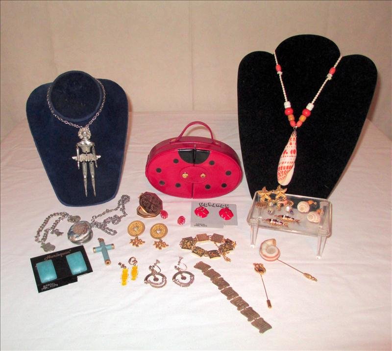 WOMEN'S SHELL JEWELRY PLUS LOT: Women's Shell Jewelry Plus Lot, Includes Shell Necklace, 2 Pair Earrings, Stick Pin; And 6 Pairs Earrings, 2 Necklaces (1 Locket), 3 Pendants (Locket And Secret Pencil), Owl Stick Pin, And Small Purse