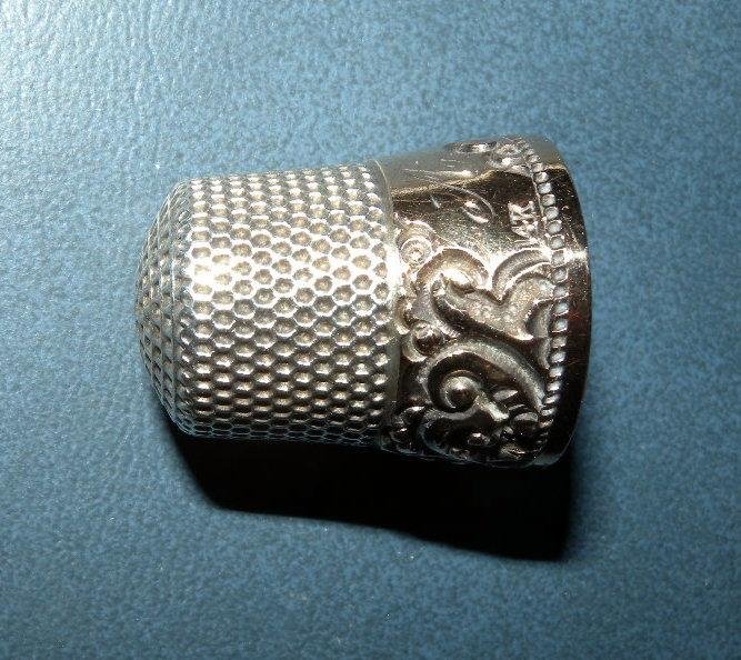 GOLD AND STERLING THIMBLE: Gold And Sterling Thimble, Gold Collar Decorated & Marked 14k & 6 w/Monogram "V" Body Marked Sterling What Appears M K & D.
