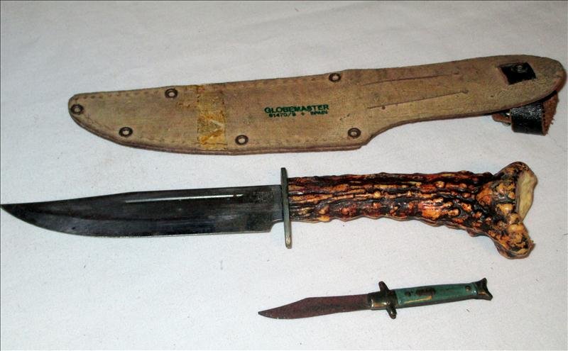 9-INCH GLOBEMASTER KNIFE AND MORE LOT: 9-Inch Globemaster Knife And More Lot, Includes 9" Globemaster Knife, Pocket Knives (2 Case) (1 Missing Blade), One 4" Knife, And Two Sharpening Stones.