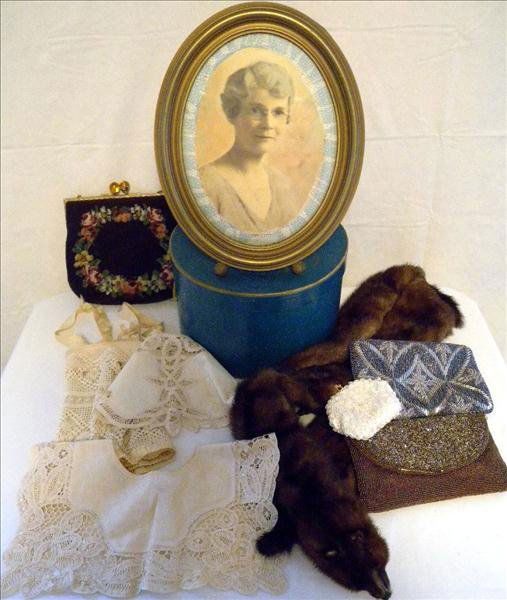 MINK STOLE, BEADED PURSES AND MORE: Mink Stole, Beaded Purses And More, Including Mink Stole, 2 Decorative Collars, 3 Beaded Purses, 1 Portrait In Frame, And 1 Crochet Camisole With Silk Edging.