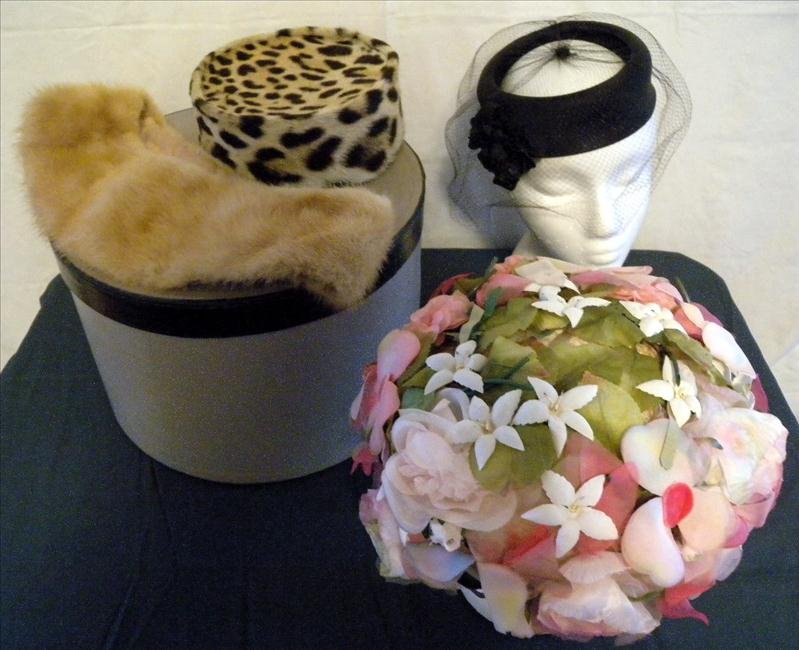 VINTAGE HATS W/BOXES PLUS FUR COLLAR: Vintage Hats w/Boxes Plus Fur Collar Including Christian Dior Floral Hat w/Box, Leopard Fur Hat, Evan Varone Black Silk w/Veil, Sonni California Box And Fur Collar.
