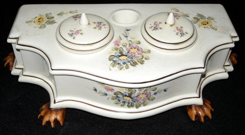 ANDREA SADEK DESK INKWELL: Andrea Sadek Desk Inkwell, w/Pen Holder and 2 Removable Covered Ink Pots, Paro Feet, #7458, Japanese.