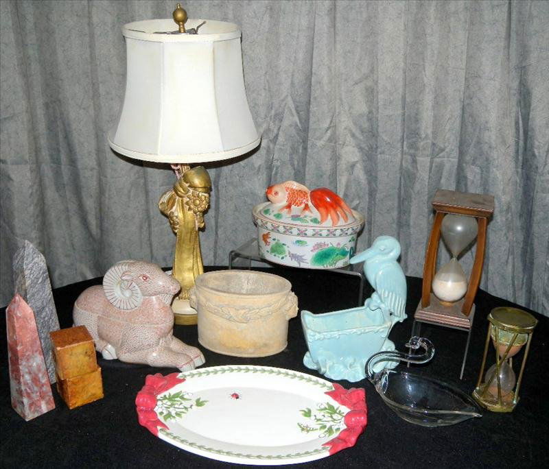 WHIMSICAL CERAMIC LOT: Whimsical Ceramic Lot, Including Lamp w/Draped Bow, Portmeirion Platter w/Bug, Covered Mountain Goat, Covered Fish Tureen, Stork Planter, Classical Planter, Marble Obelisks and Blocks, Glass Swan Dish
