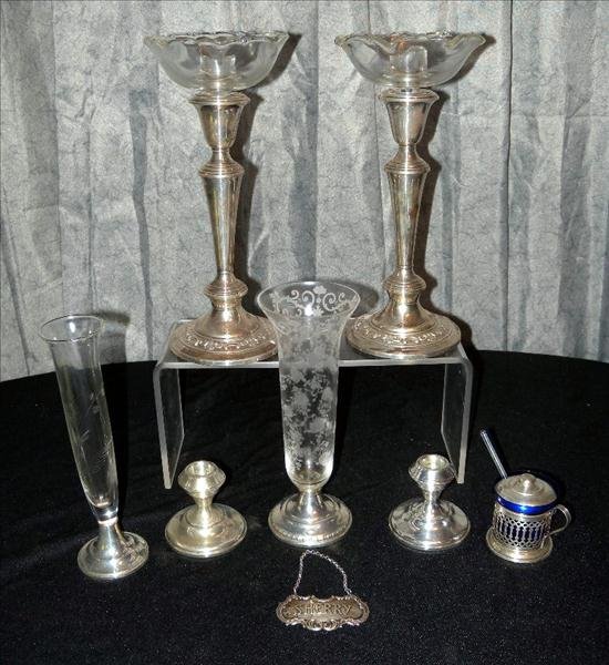 STERLING SILVER LOT: Sterling Silver Lot, Including Two 9" Candlestick w/2" Inserts, Two 3" Candle Holders, Condiment Pot w/Blue Liner and Glass Spoon, 8.5"T Etched Glass Vase w/Sterling Base, and Sherry Bottle Tag.