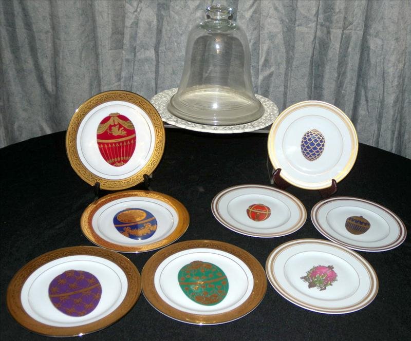 DECORATED EGG PLATES PLUS LOT: Decorated Egg Plates Plus Lot, Including Pierced Ceramic Plate (12"D) w/Hand-Blown Bell Cover, and 2 Sets Opulent Egg Plates; Faberge, Limoges and Muirfield Magnificence.