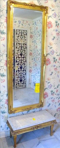 PIER MIRROR AND STAND: Pier Mirror and Stand, Gilt w/Beveled Mirror, 65.5"H x 25.75"W; Stand 31.5"W x 13.5"D x 14.5"T w/Marble Top.