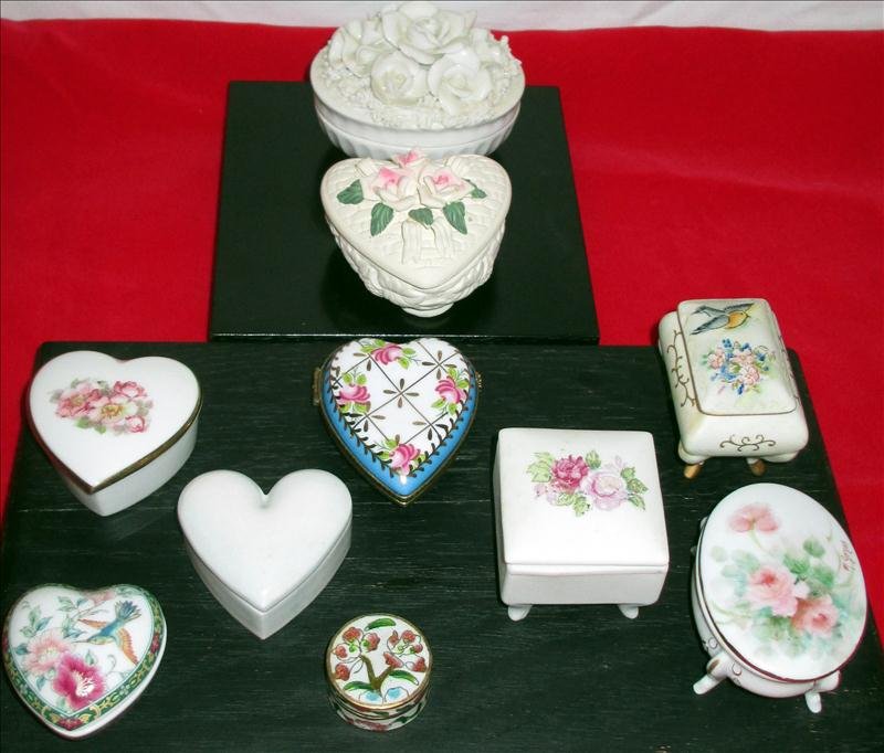 PORCELAIN BOX LOT: Porcelain Box Lot, Including 5 Heart Shaped (Germany & Japan), Raised On Legs ( One Hand Painted), Enamel and White Rose Covered, 3"W.