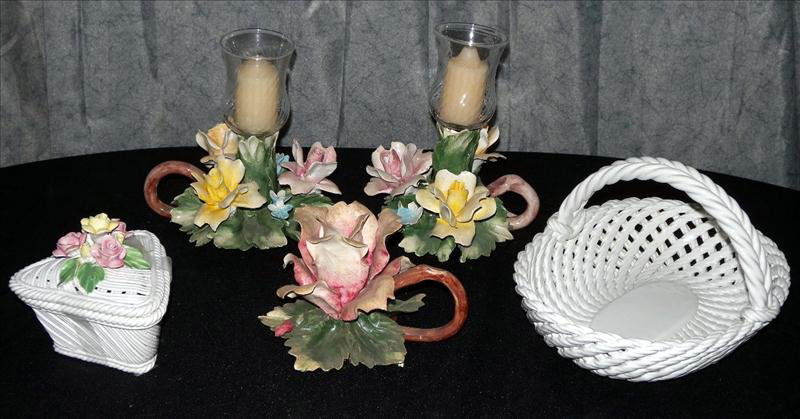 CAPO-DI-MONTE CERAMICS: Capo-Di-Monte Ceramics, Including 3 Single Handle Candleholders, Covered Basket and Open Basket, 9.5"W, Candlesticks Approx. 4.5"T.
