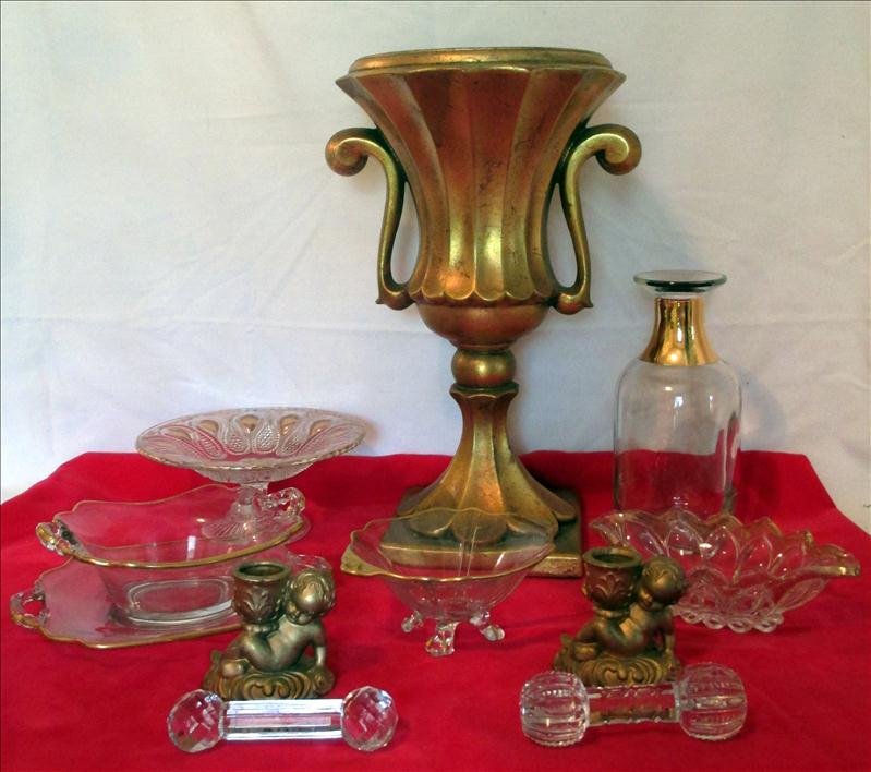 GOLD-TRIMMED GLASS PLUS LOT: Gold-Trimmed Glass Plus Lot, Including 3.25"T Compote, 2.25"T Footed Bowl, 2.25"T Rectangular Bowl W. Matching Plate, 2"T Oval Bowl, 8"T Decanter (Missing Stopper), Two 2.5" Cherub Candleholders, Two 