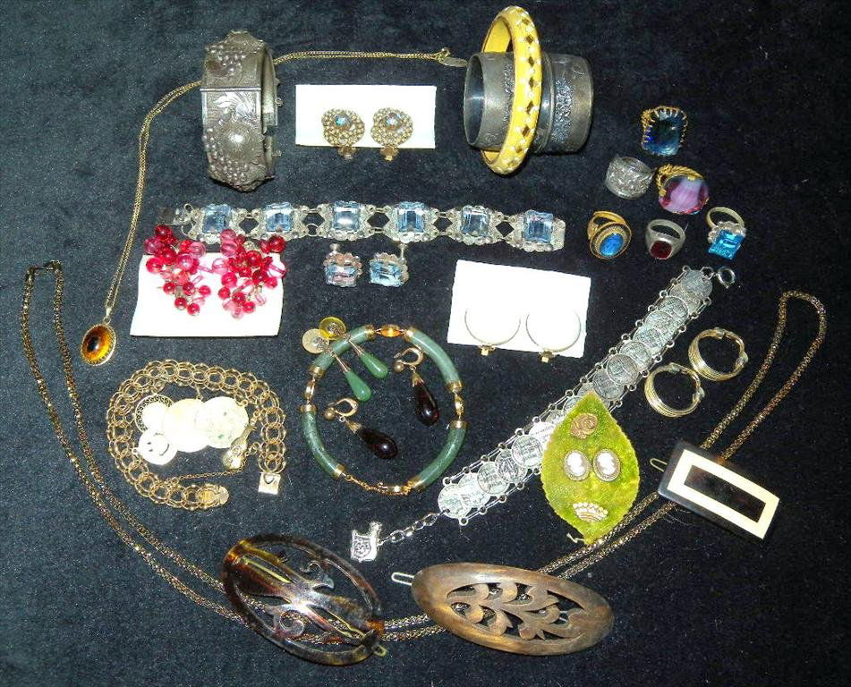VINTAGE JEWELRY LOT: Including Two Necklaces (One Whiting & Davis), 6 Rings, Two Bracelet & Earring Sets (Blue Stone & Jade), 6 Sets Earrings (One Cameo), 4 Bracelets, Napkin Ring, 2 Pins and 3 Barrettes.
