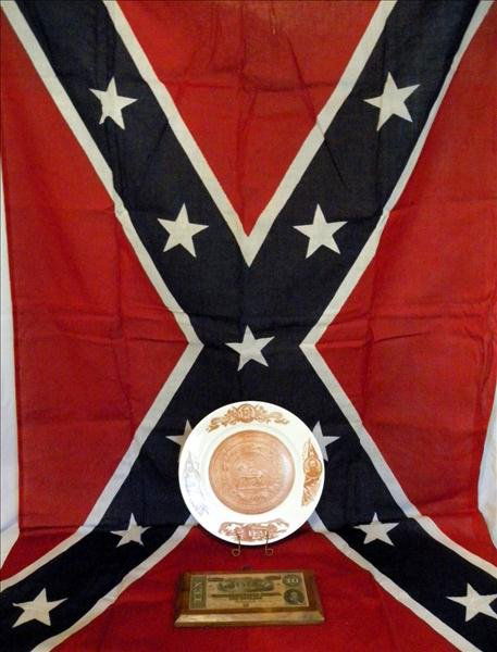 CONFEDERATE LOT: CONFEDERATE LOT Includes 3 x 5 Confederate flag w/metal grommets, marked all cotton, WPL 1721,, 10" Transferware plate w/"The Confederate States of America" 22 Feb 1862, Deo Vindice Plate, Center Meda
