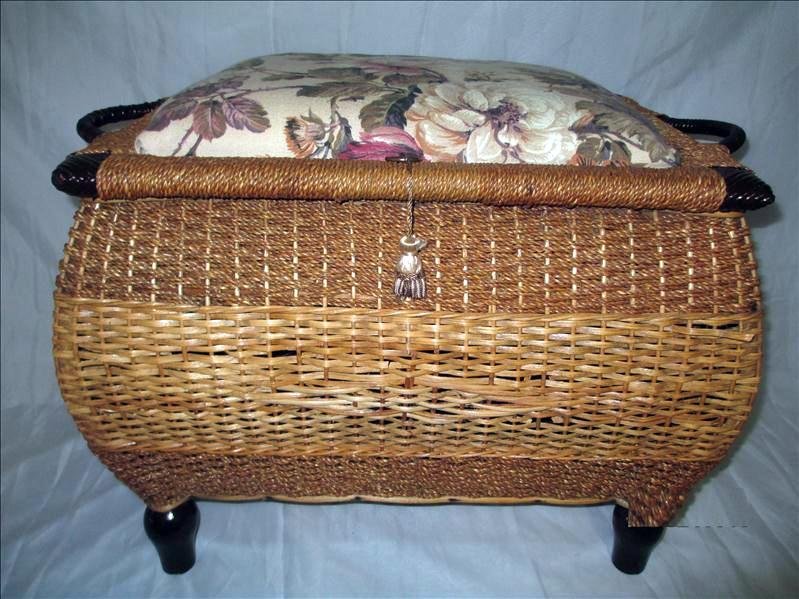Wicker Sewing Basket: Wicker Sewing Basket With Cloth-Covered Cushioned Top, Lined Inside, 21.5" W x 15.5" D x 17.5" T.