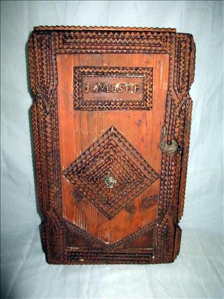Tramp Art Wooden Cabinet: Tramp Art Wooden Cabinet, Marked J. Moser On Front, Front Lock (No Key), Rustic Two-Shelf Interior, 11" W x 8" D x 18" T.