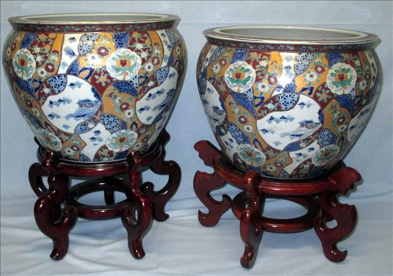 Large Imari Style Planters On Stands: Large Imari Style Planters On Stands Including Two 12" T Colorful Ceramics Decorated w/Interior Decoration of Fish, Made in China; Wooden Stands.