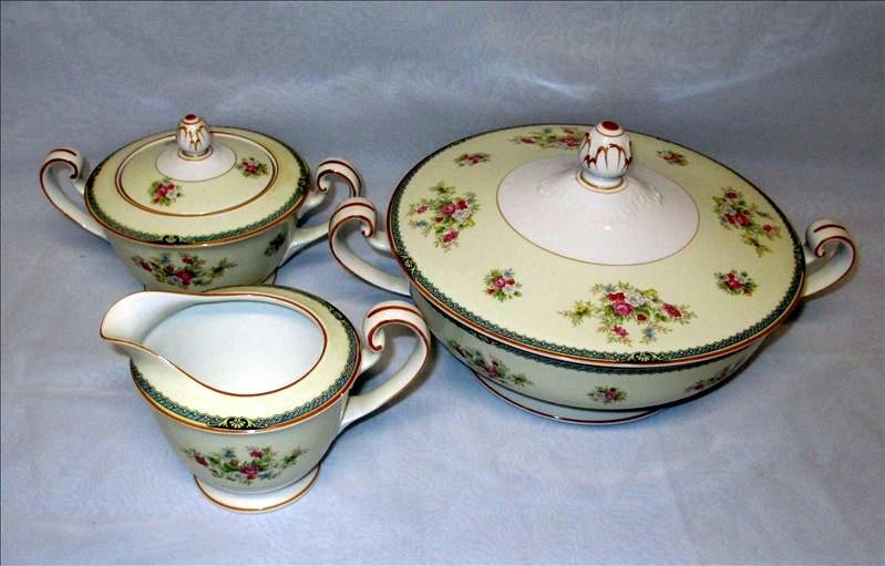 Noritake Serving Bowl Plus: Noritake Serving Bowl Plus, Including Covered Serving Bowl 11.5"Dia Handle-To-Handle, Sugar Bowl 7.5"Dia Handle-To-Handle, and Creamer 5.75"Dia.; Marked Nippon Toki Kaisha.