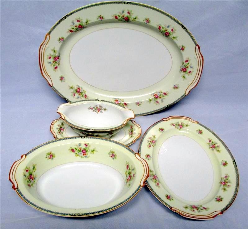 Noritake Serving Plates and Bowls: Noritake Serving Plates and Bowls, Includes Gravy Boat 7.5"L, Oval Bowl 10.5 " Dia., and Two Platters 11.75"Dia.And 16" Dia.; Marked Nippon Toki Kaisha.