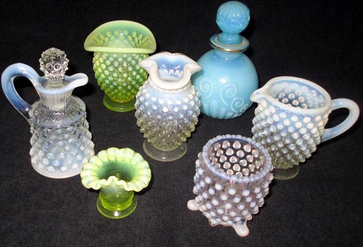Opalescent Glass Lot: Opalescent Glass Lot, Including Opal Hobnail Pitcher, Cruet, Toothpick Holder, and Vase; Blue Avon Bottle With Lid, and Yellow Vases (3.25"T and 1.5"T).