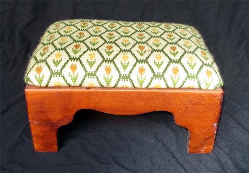 Needlepoint Footstool: Needlepoint Footstool Handmade Seat Cushion On Wood Frame, 13" W x 10" T x 7" D.