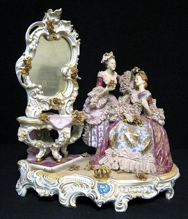Meissen Style Porcelain Figure: Porcelain Figure, Meissen-Style Figure of Ladies At Dressing Table, Blue Under-Glaze Crown Over Initial Mark Blurred, 12.5"W x 10"D x 15.25"T, Repaired At Mirror Base and Areas of Lace Missing.