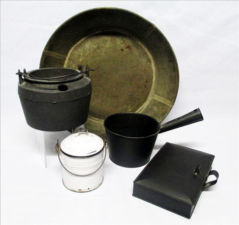 Iron and Tin Pots Lot: Iron and Tin Pots Lot, Includes Cast Iron Double Boiler Marked Marietta Ga, 7"W x 5" T; Tin Pan, 15" T; White Enamel Pot, and Tin Silent Butler.
