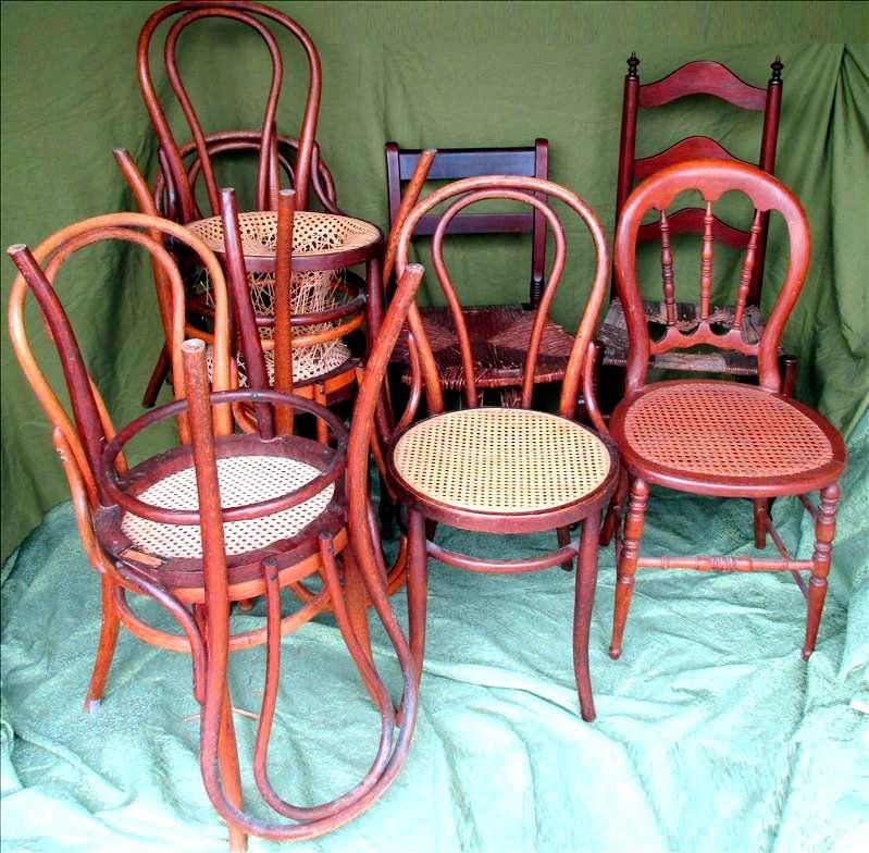 Wooden Chairs Lot: Wooden Chairs Lot, Including 6 Matching Chairs With Round Cane Seats, 35" Center Back Height; Rush-Seat Ladder Back Chair With Acorn Finials,39" Center Back Height; Oval Spindle Back Chair With Hand C