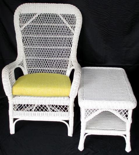 White Wicker Chair and Table: White Wicker Chair and Table Chair 42" Center Back Height and Table 30"W x 18"D x 18.5"T.