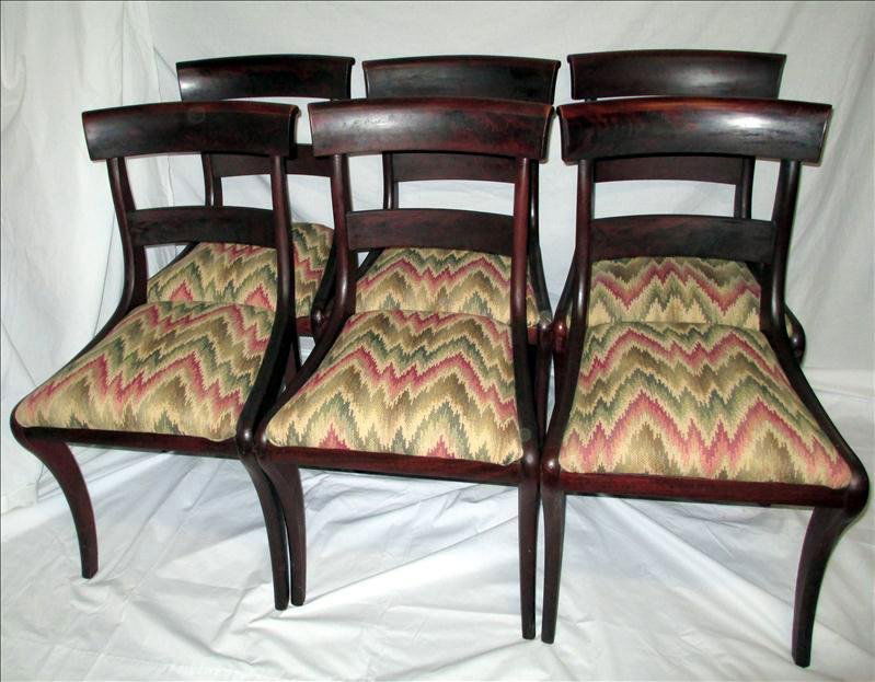 Six Vintage Chairs: Six Vintage Dining Chairs Dark Wood Frames With Upholstered Seats, 1 Repaired, 33" CBH.