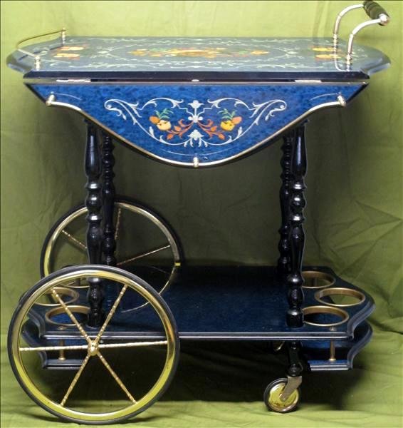 Marquetry Wine Cart: Marquetry wine Cart, Open 20"W x 29.5"D x 31"T At Handles, Closed 29.5"W x 19"D x 31"T, High Shine Blue Finish.