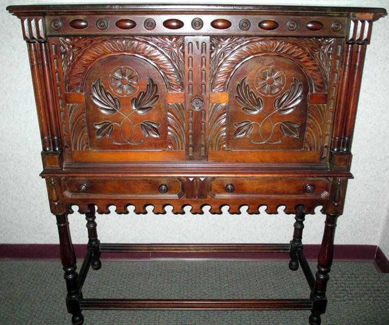 Kittinger Drop Front Desk: Kittinger Drop Front Desk With Carved Front and Two Drawers, Turned Wood Knobs On Drawers,43"W x 17"D x 49"T, Jacobean Style.