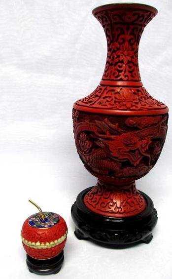 Cinnabar Vase Plus: Lot Includes 11"T Vase With Carved Dragon Design With Stand and 1.5"T Apple-Shaped Box in Cinnabar and Cloisonne With Stand.