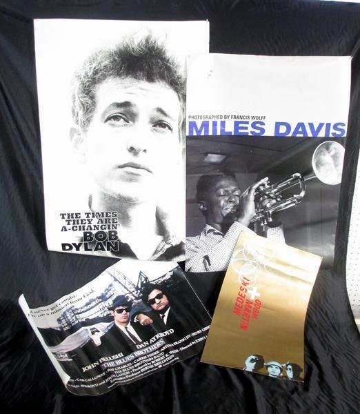 Music Posters: 4 Music Posters: Early Bob Dylan, The Blues Brothers, Miles Davis & Medeski Martin and Wood.