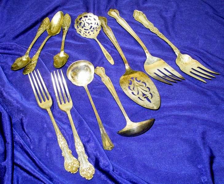 Silverplate Serving Utensils Plus: Silverplate Serving Pieces Plus, Includes Pie Server, Cream Ladle, Gravy Ladle, Fish Fork, Dinner Fork, Meat Fork, Pierced Spoon, Various Patterns; and Three Souvenir Spoons, "The Fisheries Building",