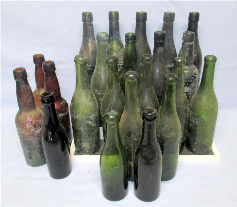 22 Wine and Beer Bottles: 22 Wine and Beer Bottles In Towne Club Beverages Wooden Flat, Some As Early As 1900.