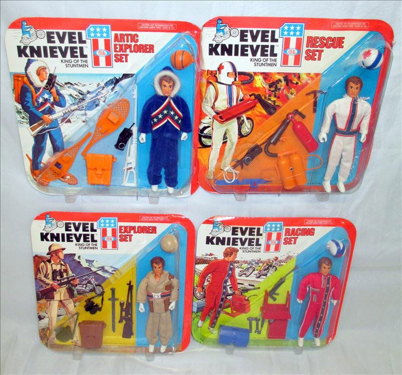 4 Evel Knievel Stuntmen Sets: 4 Evel Knievel Stuntmen Sets "King Of the Stuntmen", Mint in Package 1975, Inc. Racing Set, Rescue Set, Explorer Set & Arctic Explorer Set. Ideal Toy Corporation.