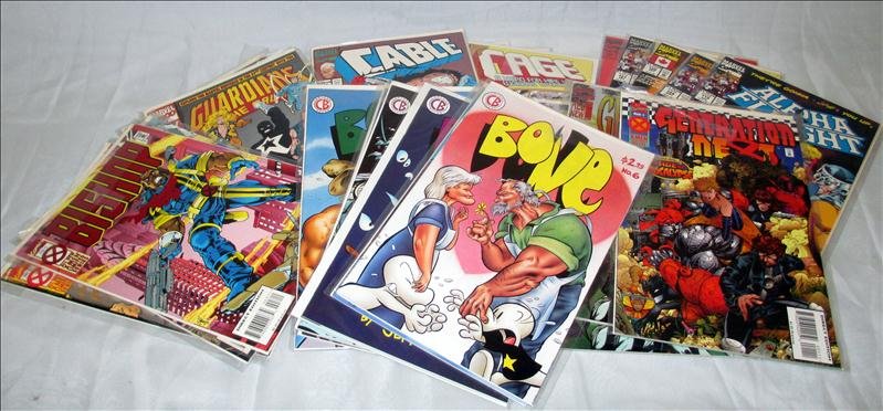 26 Marvel & Cartoon Comic Books: 26 Marvel & Cartoon Comic Books, Inc. 5 Alpha Flight, 3 Cage, 4 Cable, 2 Guardians, 3 Bishop, 3 Generation X and 6 Bone. Sheathed in Plastic Covers.