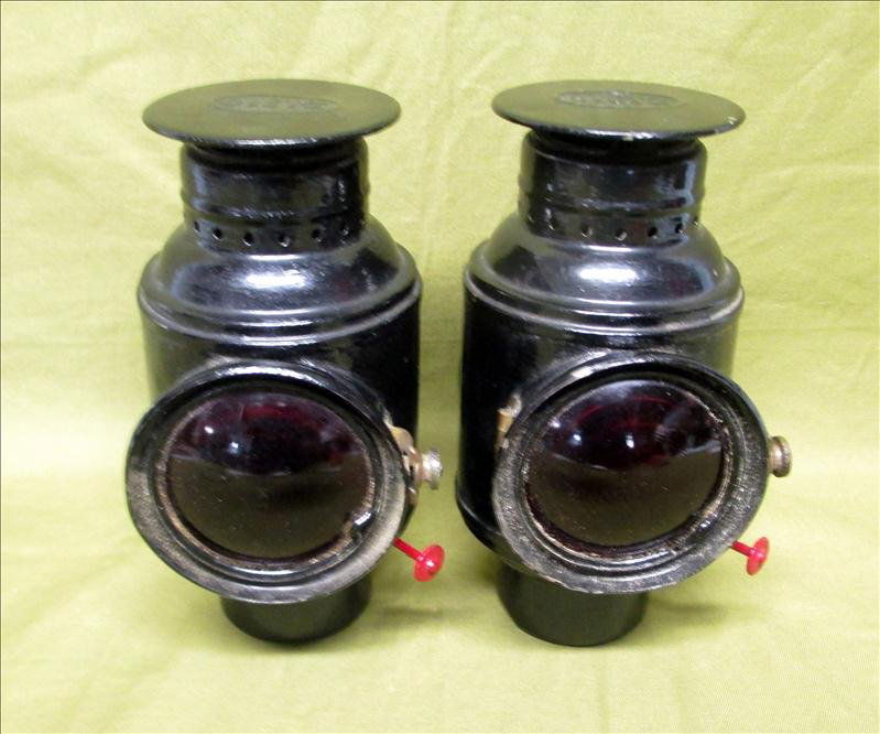 Railroad Lanterns: Pair Dietz Railroad Tail Lanterns, Red Glass Lens, Operational, 8"T.