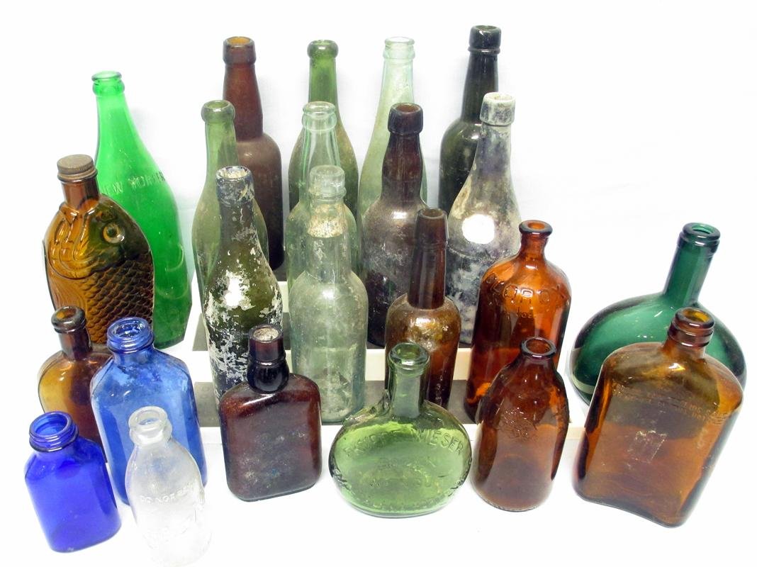 Over 20 Vintage Beer, Medicine and Wine Bottles: Over 20 Vintage Beer, Medicine and Wine Bottles, Inc. Philips Milk of Magnesia, Embossed New Yorker, One In Shape of Fish, 20th Century.