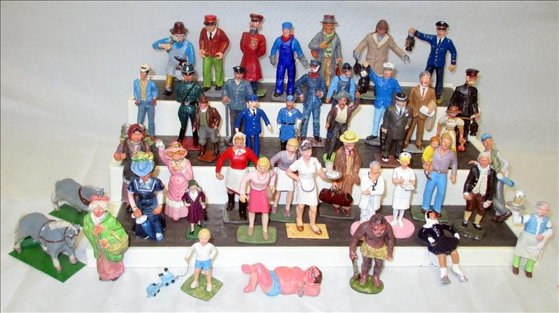 Over 40 Miniature Figures: Over 40 Miniature Figures, Inc. Metal, Plastic, Composite; Some Marked Leonard H. Schenk, St. Louis MO; One Copyright 2004 Ted Toy; One Handcrafted in USA; One HC Schotts 1971 Dallas TX; Some w/Moveab