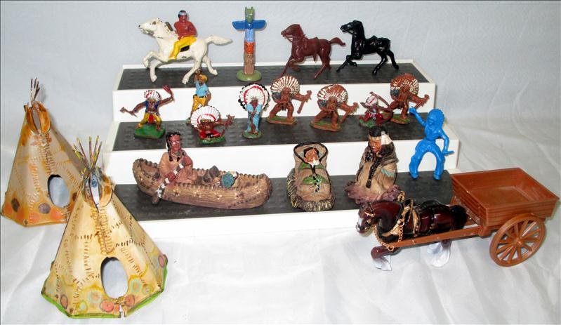 Miniature Indian Figures: Miniature Indian Figures, Inc. Mixed Media, Metal, Plastic & Composite, Metal Indian on Horseback Marked Barclay (Part of Mane Missing)